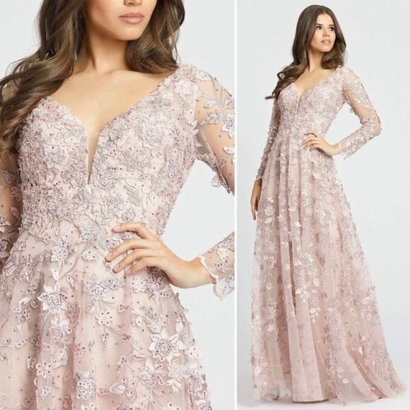 Mac Duggal Dresses & Skirts - Mac Duggal Pink Floral Applique Illusion Long Sleeve Gown 70224 Sz 6 NWT